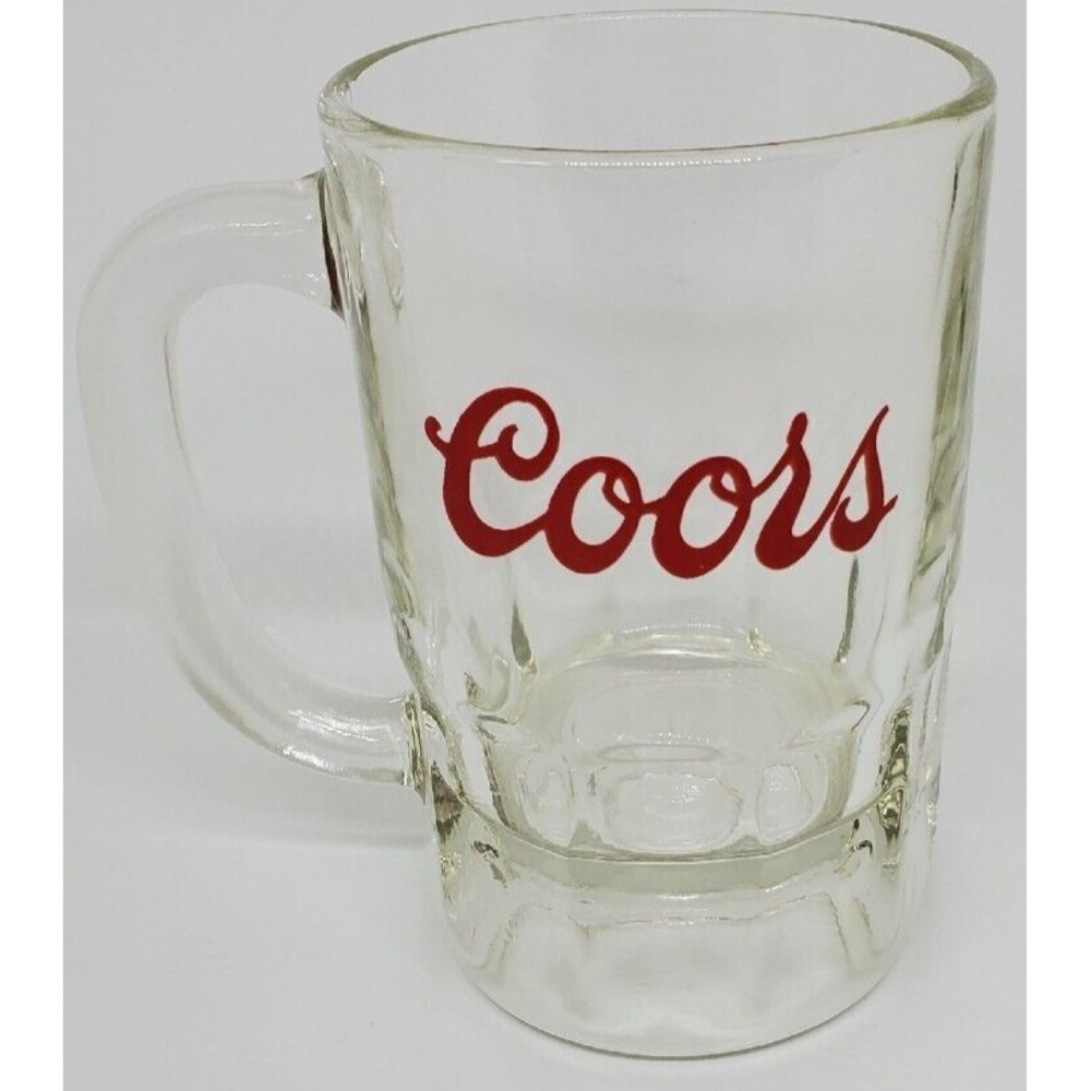 Vtg COORS Beer Mug Original Red Logo Heavy‎ Clear Glass Beefy Handle 12 oz 5"